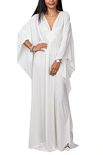 YouKD Lång kaftan, maxiklänning, boho, baddräkt, strand, täckande rock, en storlek, loungewear, A vit, En Storlek