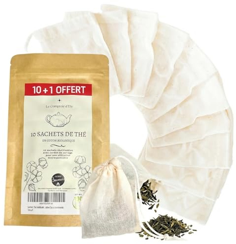 10+1 OFFERT Sachets Filtre a Thé 8x6cm-Réutilisable-Vide-Coton Bio-Cordons-Mousseline-Infusion Chaud ou Froid-Pochon tissu Epices-Infuseur a Thé-Thé en vrac-Lavable-A Remplir-Ecologique-Idée Cadeau