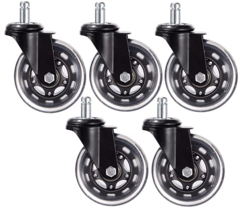 1stuff Skaterrrollen Bürostuhlrollen Drehstuhlrollen - Durchmesser 3 Zoll - 11mm Stift - 5er Pack - Gummierte Lauffläche transparent