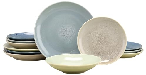 CreaTable, 23845, Serie Reactive Aqua, 12-teiliges Geschirrset für 4 Personen, Teller Set aus Steinzeug, spülmaschinen- und mikrowellengeeignet, Qualitätsproduktion