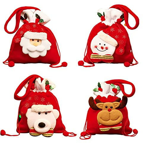 CLDURHGE Weihnachten Geschenkbeutel, Kordelzug Geschenktüte Weihnachten, Candy Tüten mit Weihnachtsmann Schneemann Elch Bär Muster für Kinder (22x18cm,4 Stück)