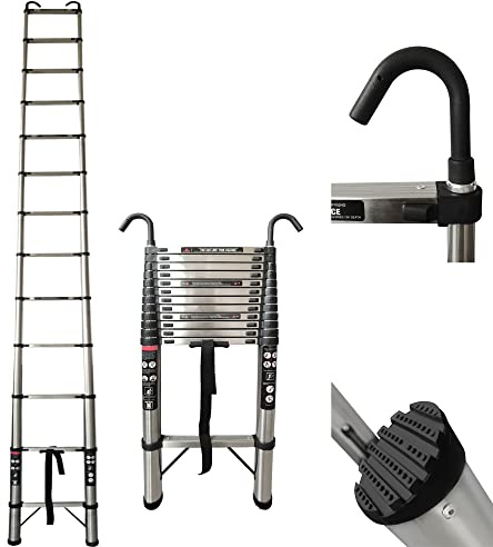 Telescopic Ladder 5m/16.4 Feet 150kg Capacity Stainless steel Ladders With 2 Detachable Hooks Portable Light Weight Compact Save Space for Home DIY Builder Supply Roof Work Decoration