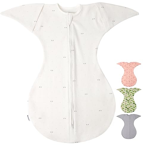 Knirose Pucksack Baby Übergangsschlafsack mit Anti-Erschrecken Funktion, Arme hoch Position, Baby Schlafsack mit Doppelreißverschluss für einfaches Windelwechseln (Weiß, 0-3 Monate)