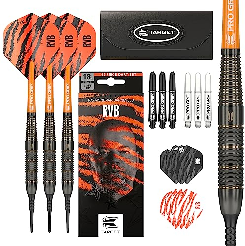 Target Darts Raymond Van Barneveld RVB Darts-Set, 18 g, Messing, weiche Spitze, Dartzubehör, Geschenkpaket, inklusive Dart-Barrels, Pro-Grip-Dart-Schäfte, Dart-Flights, Dartspitzen, Dart-Etui