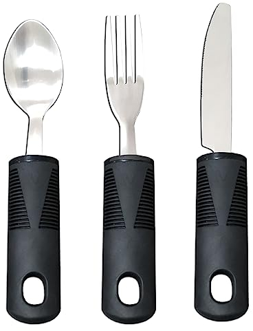 NUZAMAS Set di 3 Adaptive Cutterly con Cucchiaio forchetta e Coltello in Acciaio Inossidabile per tremori Adulti Anziani Artrite e Parkinson Nero