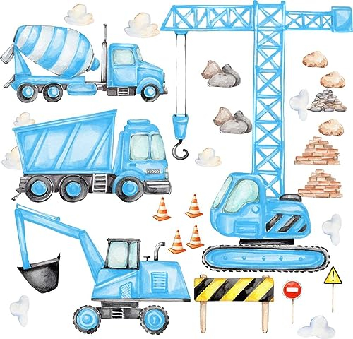 HUBDECO Wandtattoo Kinderzimmer – Wandtattoo Kinderzimmer Mädchen & Junge – Wanddeko Kinderzimmer – Wandaufkleber Kinderzimmer - Kinderzimmer Wanddeko Bagger Kran Blau