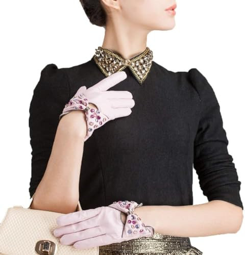 FLYIFE Unisex-Erwachsene Handschuhe Damen Kurzer Mode Winter Einfache Warme Lederhandschuhe Glamouröse Einlaute Diamanten Rosa Handschuhe/Rosa/M