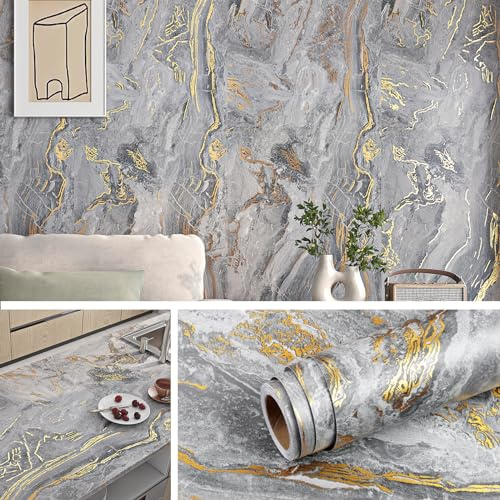Livelynine Papier Peint Adhesif Mural Chambre Salon Marbre Gris Clair 40CMx10M Papier Peint Salle de Bain Mur Revetement Plan de Travail Cuisine Adhesif Gris Doré Papiers Adhésif pour Meuble Cuisine