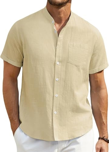 Enlision Camisa Lino Hombre Manga Corta Camisas Beige para Hombre Casual Sin Cuello Henley Shirt de Lino Coton de Color Sólido con Bolsillo de Verano Playa Boda M
