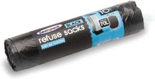 Juego de 10 bolsas de basura resistentes – Bolsas para residuos con asas y cordones para cierre, de plástico, 70 l, negro