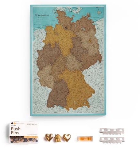 CANVASCALE Canvas Deutschlandkarte mit Pinnwand Kork zum Pinnen der Reiseziele - Wanddeko für Jeden Raum - Hochwertige Leinwand Bilder mit Deutschlandkarte (70x50 cm, Muster 10)
