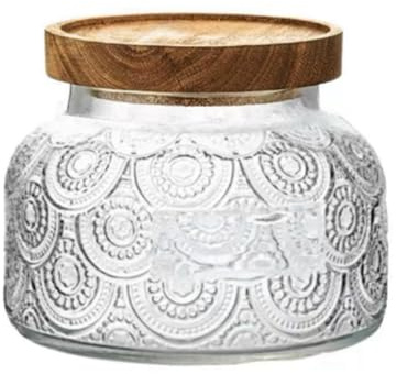 ANSQU Vintage Glass Storage Jar, 25.4 FL OZ Food Storage Jar with Solid Wooden Lid, Tea Bag Organiser for Home Kitchen Decor, Holds Oats, Jam, Coffee, Candy, Biscuits and Sugar (Round Flower)