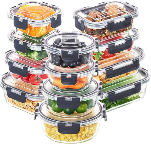 Skroam 12 Pack Glass Food Storage Containers with Lids, Meal Prep, Pantry Kitchen Storage Containers for Lunch, Leak Proof, Airtight Glass Lunch Bento Boxes for Microwave, Oven, Freezer and Dishwasher