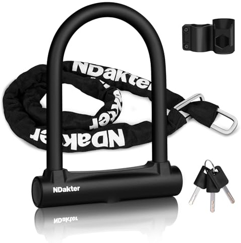 NDakter Bike Locks, 17mm Heavy Duty Anti Theft, Bike U Lock with 4FT Chain and Bracket, Electric Bicycle Lock for Scooter, 3 Keys Motorcycle Wheel Lock for Ebike, Moped, Tricycle