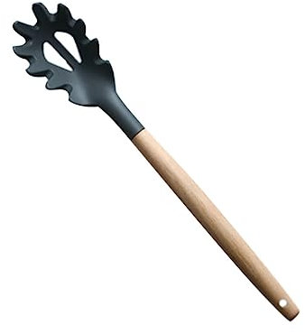 KICHOUSE Cuchara Para Espaguetis Antiadherente De Silicona Mango De Madera, Herramienta Multifuncional De Cocina Casera Para Separar Fideos y Pasta, Color Gris, Utensilio Resistente Para Uso Doméstico