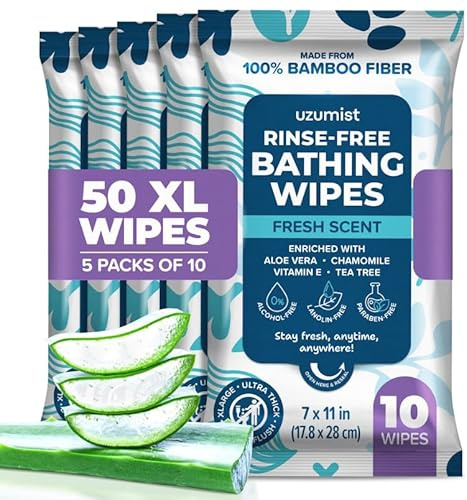 Body Wipes For Adults Bathing No Rinse - 50XL Thick Shower Wipes For Adults No Rinse, 5 Packs of 10 Adult Wipes for Men, Women, Personal Cleansing, Daily Hygiene, Bedridden & Elderly Care, Travel