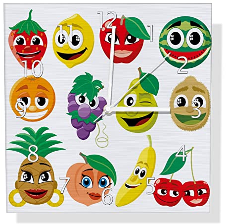 Wallario Design Wanduhr Obst-Smilies im Comic-Stil - Lustige Früchte aus Aluverbund, Alu-Uhr Größe 30 x 30 cm, weiße Zeiger mit Metalloptik