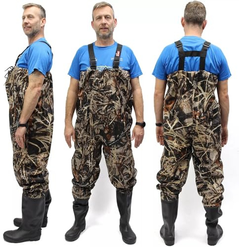 Mens Camo Chest Waders - Adjustable Quick-Release Buckles, Waterproof Nylon & PVC - Sizes 7-12 - Fishing, Flood, Work (UK 10 - EU 44)