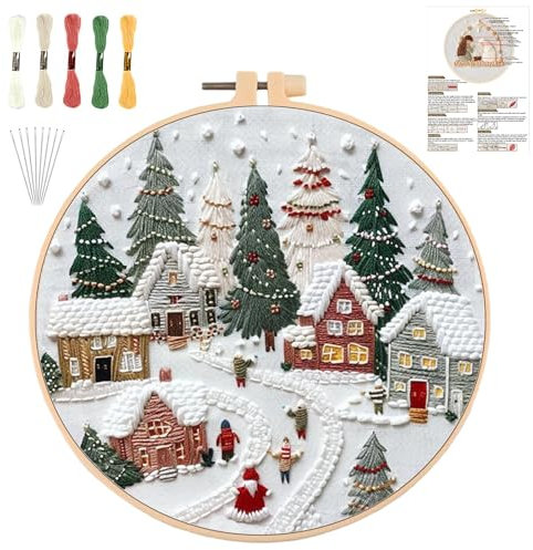 QUANMAITONG Sticken Set Erwachsene，Stickset Weihnachten für Anfänger Embroidery Kit Stickerei, Stick And Poke Stickbilder Stickrahmen DIY, Kreuzstich Weihnachten Deko (Ferien-Dorf)