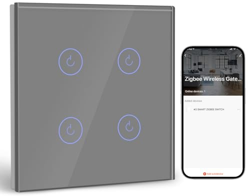 BSEED Smart ZigBee Unterputz Lichtschalter 4 Fach 1 Weg, intelligenter Wandschalter mit Alexa und Google Home, Touchscreen Schalter mit Glaspanel(Neutralleiter, Hub Gateway erforderlich) Grau