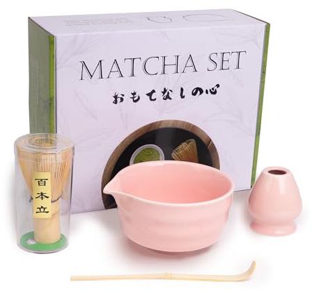 Matcha Whisk set, 4 stycken, matcha-skål med pip och visp, matcha-spade | Matcha-vispstativ (Chasen-hållare) – set om 4 för matcha-teceremonin, (rosa)