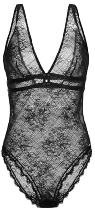 DORINA HASINA-Bodysuit HASINA Body - Non Imbottito, Pizzo Integrale con Elastico, Bordo in Pizzo, Dettaglio Nodo, Nero, S, Nero, S