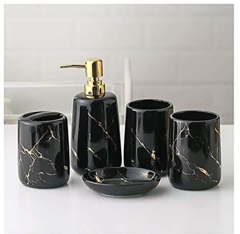 Dispensador de jabón Ceramic Accesorios de baño - Sets de accesorios de baño de 5 piezas con loción Dispensador de jabón Cepillo de dientes Vumor y jabón Dispensador de jabón para la cocina del baño