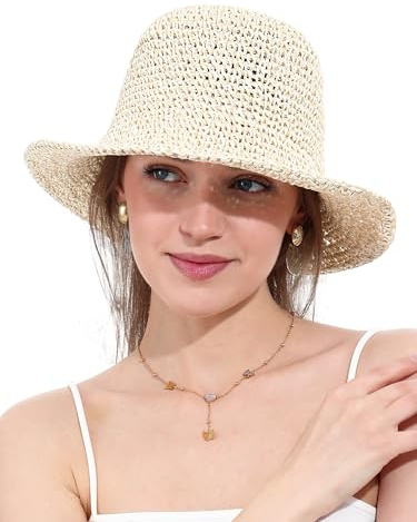 sy soul young Damen Strohhut Breitkrempe Handgewebt Faltbar Strandbucket(Beige&Khaki)