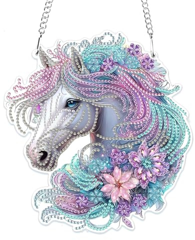 MOGTAA 5D Pferd Diamond Painting Anhänger, Tiere Diamond Painting mit Kette Kinder Erwachsene, Diamant Painting Fensterbilder, Hängende Ornament Set für Wand Und Eingang Decor