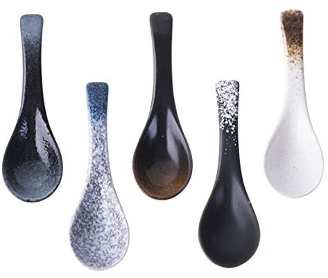 FUNOMOCYA 5piezas Cucharas De Cerámica Japonesa Para Sopa y Arroz Utensilios De Cocina Saludables y Ecológicos Diseño Suave Para Beber Sopa y Disfrutar Postres