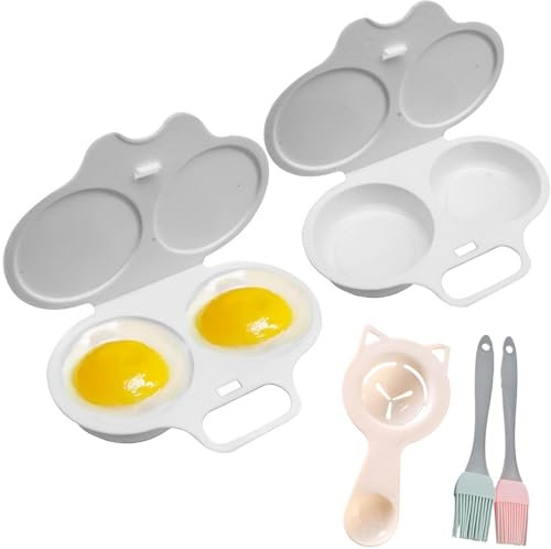 5Pcs Set Dual Microwave Egg Poacher with Lid, Non-Stick Poached Egg Maker Set, Dishwasher Safe, Includes 2 Brushes & Egg Separator, Kitchen Gadgets Gift Idea