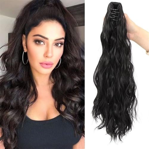Pferdeschwanzverlängerung Echthaar, 40 cm große synthetische Pferdeschwanzperücke mit Wellenstruktur und Klauenclip, Dicke und natürlich aussehende Haarverlängerunge(Black)