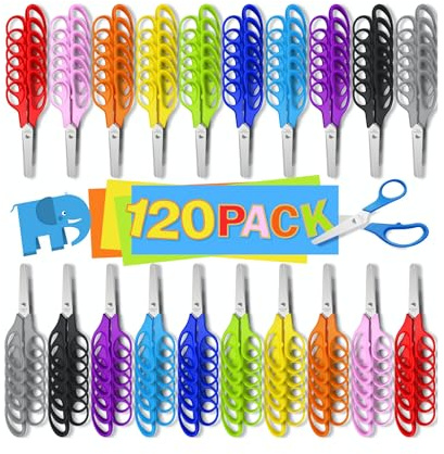 120 Pack Kids Scissors Bulk - 10 Colors 5 Safety Blunt Tip Comfort Grip Scissor for Preschool Kindergarten Elementary Classroom Student Cutting Paper, Back to School Supplies for Child
