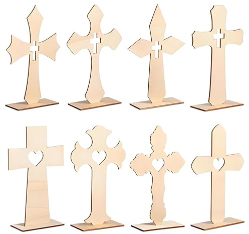 CHENNAN 8 Stück Holzkreuze zum Basteln Teiliges Holz Kreuz Dekoration mit Standfuß DIY Kreuz Deko für Tisch Rustikaler Stil für Religiöse Atmosphäre Vielseitig für Festtage Büro Kirche Heimdeko (8pcs)