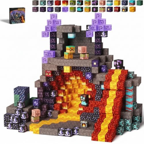 Lebenszauber Magnetische Bausteine 100 Stück im Pixel-Stil - Game-basiertes Mint Spielzeug ab 3 Jahre, Magnetwürfel Set mit Lava-Monster & Figuren, Abenteuer-Geschenk für Jungen & Mädchen