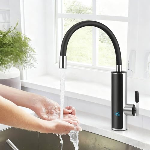 Durchlauferhitzer Küche, 3000W Elektrische Wasserhahn, 360º Drehbarer Silikonschlauchhahn, Schnellheizungshahn Armatur, Sofort Heißes Küchenarmatur mit LCD Temperaturanzeige für Küche Garten Wohnmobil
