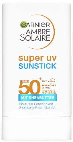 Garnier Ambre Solaire Super UV Sunstick LSF 50+, Unsichtbarer Sonnenschutz Stick für das Gesicht, Mattierende Sonnencreme mit Sheabutter, 18g
