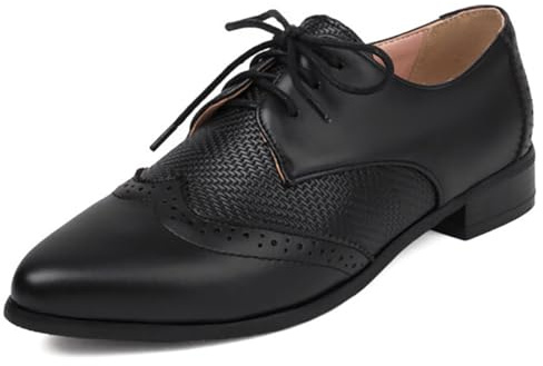 Qynthra Zapatos Oxford Planos con Cordones para Mujer Piel Sintética Punta De ala Brogues Perforados Estilo Vintage Tacón Bajo para Oficina O Diario,Negro,37 EU
