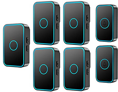 Timbre inalámbrico Resistente al Agua, Kit de Timbre de Puerta inalámbrico, Alcance de 1000 pies con 60 timbres, 5 Niveles de Volumen, 5 receptores, 2 Botones (Negro)