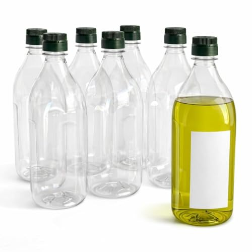 Taninea Botellas de Aceite Vacías 1 Litro de Plástico PET Transparente con Tapón Vertedor y Precinto de Seguridad – Pack 6 – Incluye Etiquetas en Blanco