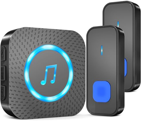 AIMAX Sonnette sans fil avec 2 émetteurs et 1 récepteur, longue portée 400 m, étanche IP55, 55 sonneries, 5 niveaux de volume avec clignotement LED, installation sans fil, noire
