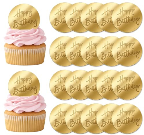 20 Pcs Gold Happy Birthday Cake Topper, Acrylic Cupcake Toppers 2 Inches Round Mirror Disc, Reusable Personalised Cupcake Decorations for Birthday Party Anniversary