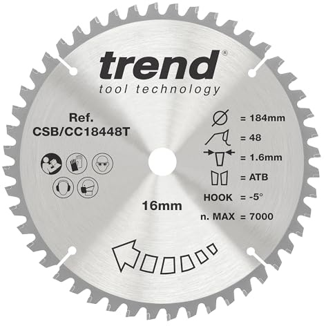 Trend Wood Cordless Mitre Saw Blade, 184mm Diameter, 16mm Bore, 48 Teeth, 1.6mm Kerf, -5° Hook, TCT, Fine Finish, CSB/CC18448T