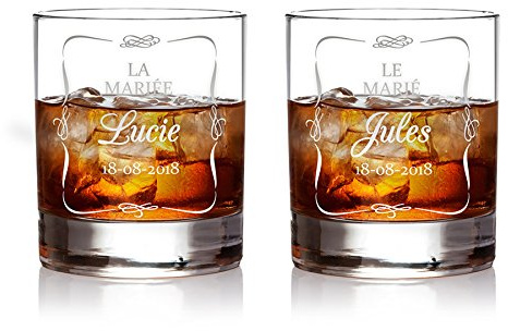 AMAVEL - 2 Verres à Whisky - Le Marié/La Mariée - Gravure personnalisée - [NOM] et [Date] - Cadeau de Mariage - Tumbler - Idée Cadeau Originale - Verre à Whisky - Cadeau Romantique - Volume : 320 ML