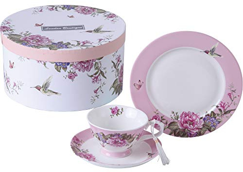 Kaffeetasse und Untertasse, 19,1 cm, Dessertteller, Shabby Chic, Vintage, Porzellan, Vogel, Schmetterling, Blumen, Geschenkbox (Rosa)