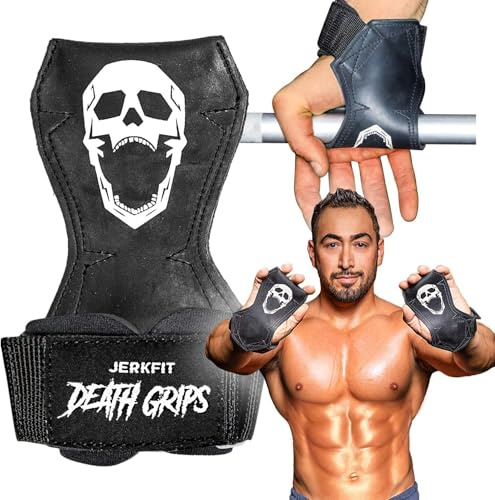 JerkFit Death Grips – Sangles de Levée Premium, Sangles en PVC Caoutchouc de Qualité Pneumatique pour Shrugs & Tractions – Sangles avec Rembourrage Néoprène pour Protection des Paumes