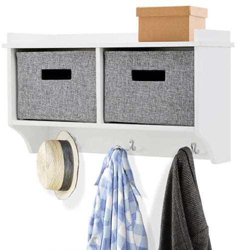 Taylor & Brown White Wooden Wall Mounted 3 Hook Coat Rack Display Storage Unit Shelf Modern Hallway Organiser Hooks Stand Hat with 2 Fabric Baskets - W60 x D20 x H34cm
