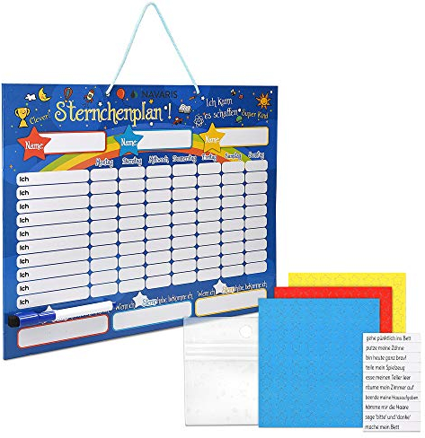Navaris abwischbare Belohnungstafel magnetisch 40x32cm - Kinder Aufgaben Tafel - Magnettafel inkl. 250 Sternchen Magnete Stift - Sterne Aufgabenplan