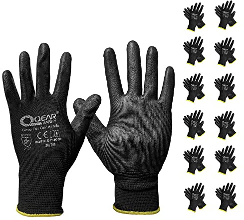 QEARSAFETY 12 Paar dünne PU-Handflächenbeschichtung, Arbeitsschutzhandschuhe, gestricktes Innenfutter, multifunktional, leicht, Sensibilität, atmungsaktiv, Griffigkeit (8/M, schwarz)