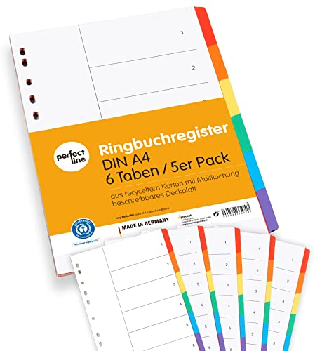 perfect line • Ordner-Register DIN-A4, 6-teilig, 5er Set, Karton, MADE IN GERMANY